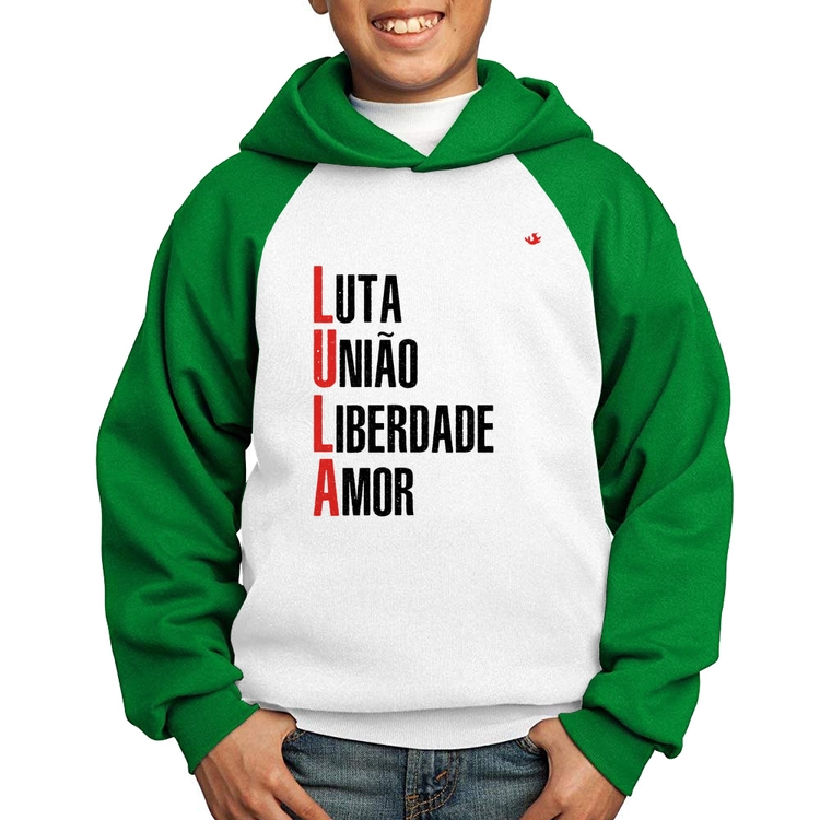 Moletom Infantil LULA - Luta, União, Liberdade e Amor - Branco/Verde