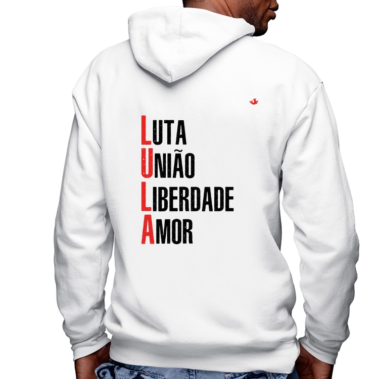 Blusa Moletom LULA - Luta, União, Liberdade e Amor Masculina com Capuz e Zíper - Branca
