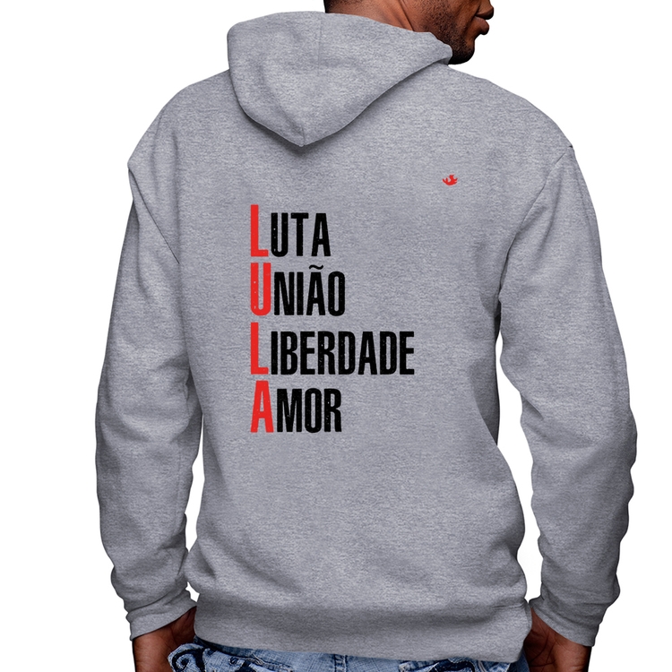 Blusa Moletom LULA - Luta, União, Liberdade e Amor Masculina com Capuz e Zíper - Mescla