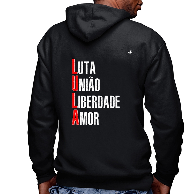 Blusa Moletom LULA - Luta, União, Liberdade e Amor Masculina com Capuz e Zíper