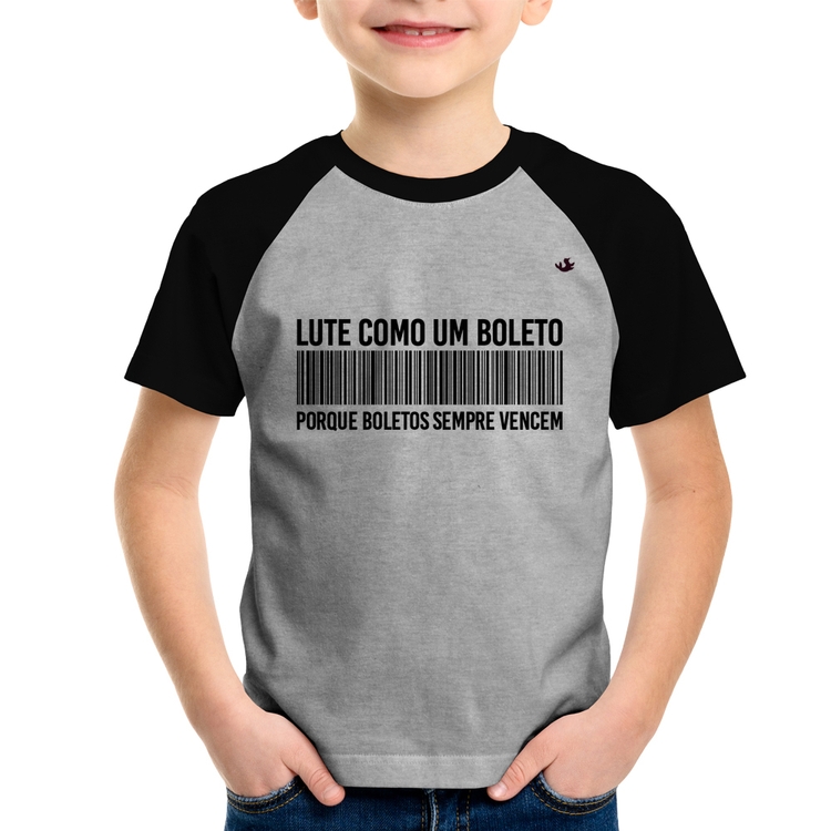 Camiseta Raglan Infantil Lute como um boleto - Cinza/Preto