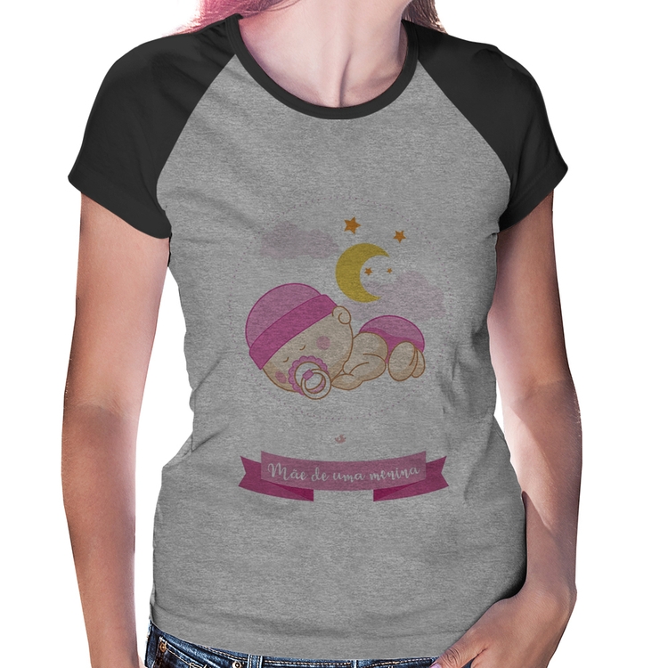 Baby Look Raglan Mãe de uma menina - Cinza/Preto