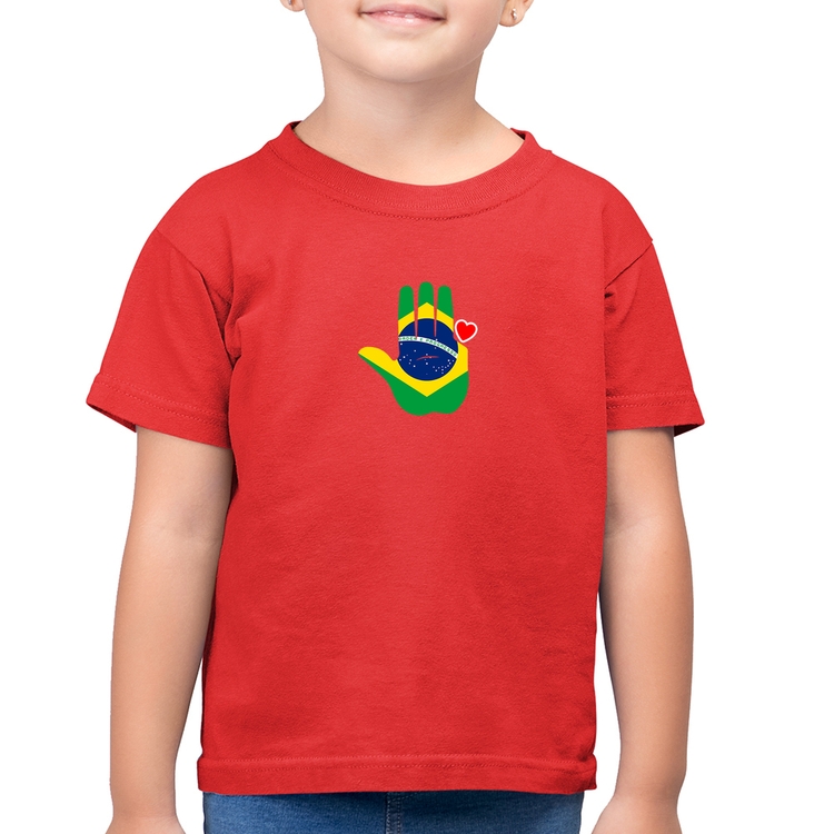 Camiseta Algodão Infantil Mão Lula Coração Bandeira Brasil 2026 PT 13 - Vermelha