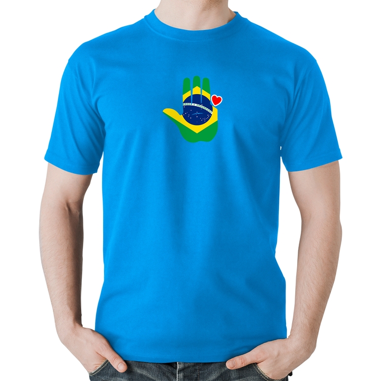 Camiseta Algodão Mão Lula Coração Bandeira Brasil 2026 PT 13 - Azul