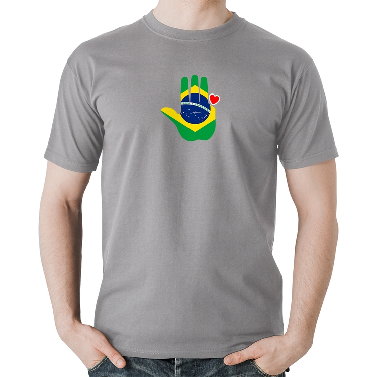 Camiseta Algodão Mão Lula Coração Bandeira Brasil 2026 PT 13 - Cinza