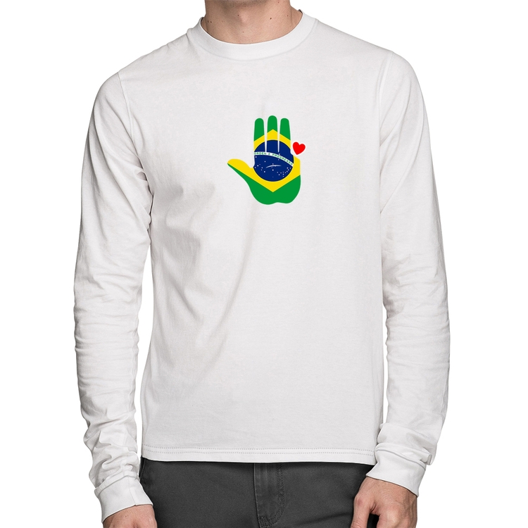 Camiseta Algodão Mão Lula Coração Bandeira Brasil 2026 PT 13 Manga Longa - Branca