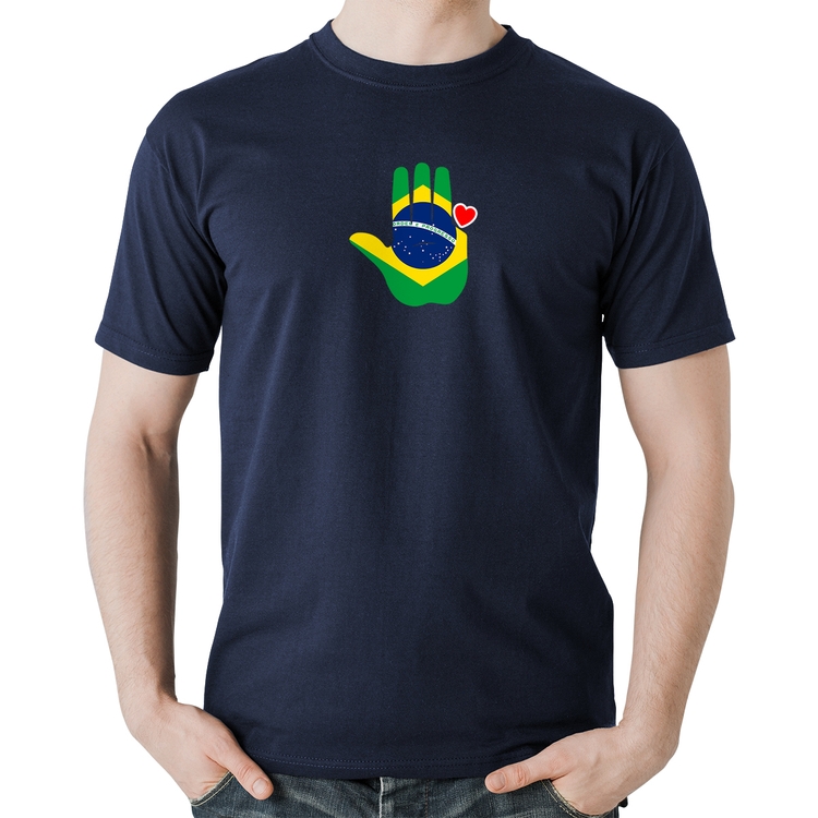 Camiseta Algodão Mão Lula Coração Bandeira Brasil 2026 PT 13 - Marinho