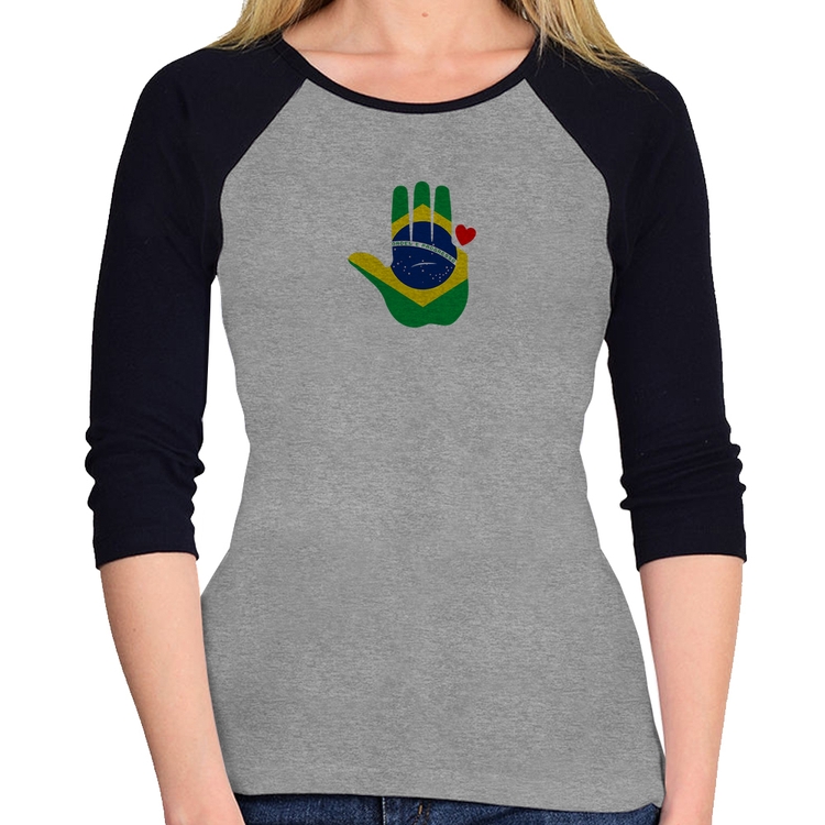 Baby Look Raglan Mão Lula Coração Bandeira Brasil 2026 PT 13 Manga 3/4 - Cinza/Preto