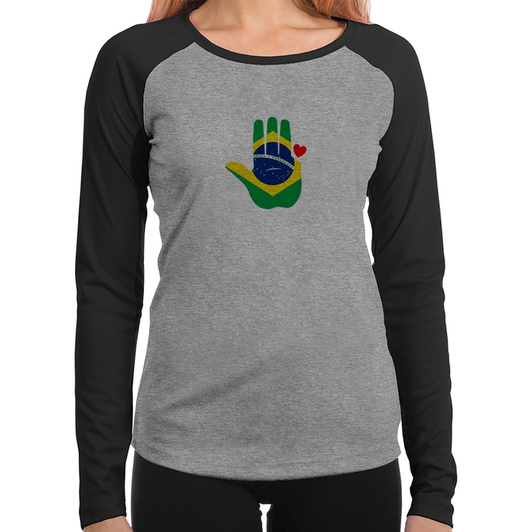 Baby Look Raglan Mão Lula Coração Bandeira Brasil 2026 PT 13 Manga Longa - Cinza/Preto