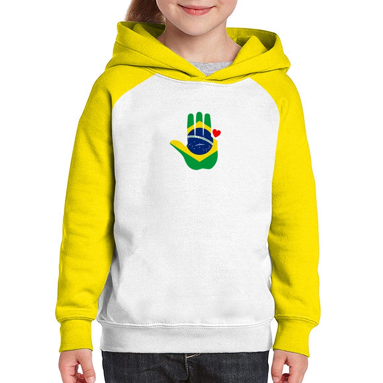 Moletom Infantil Mão Lula Coração Bandeira Brasil 2026 PT 13 - Branco/Amarelo