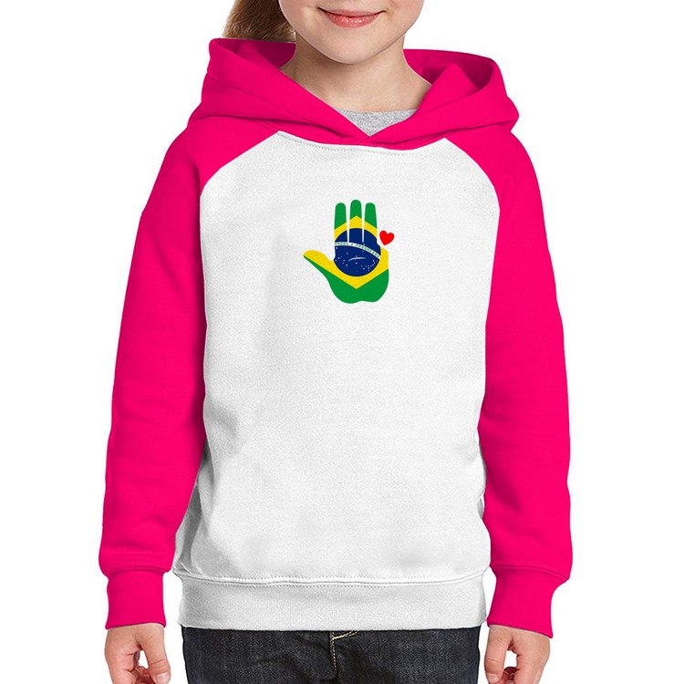 Moletom Infantil Mão Lula Coração Bandeira Brasil 2026 PT 13 - Branco/Rosa