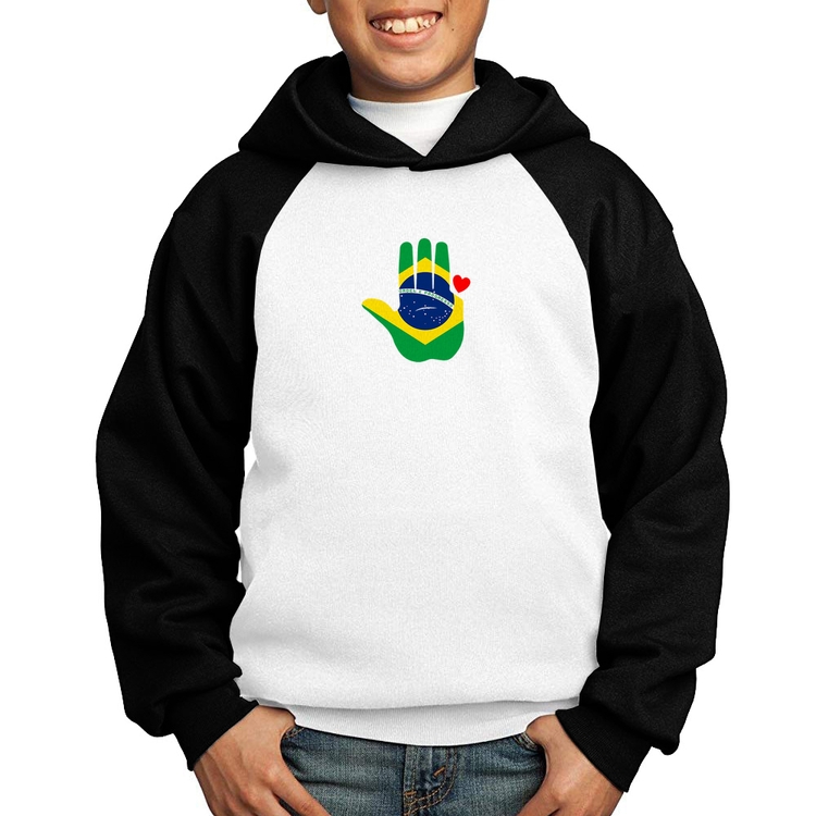 Moletom Infantil Mão Lula Coração Bandeira Brasil 2026 PT 13 - Branco/Preto