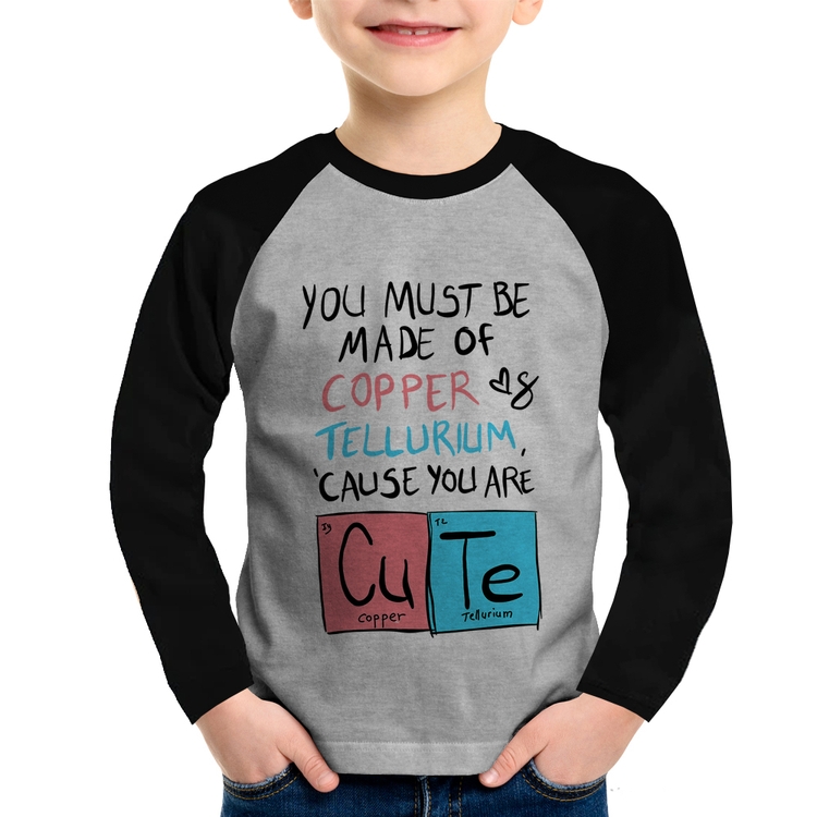 Camiseta Raglan Infantil Made of Cooper Cute Manga Longa - Cinza/Preto