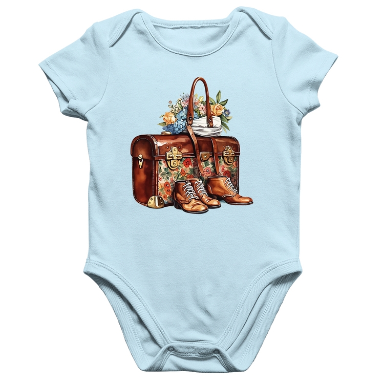 Body Bebê Algodão Mala e Botas Retrô Flores - Azul Bebê