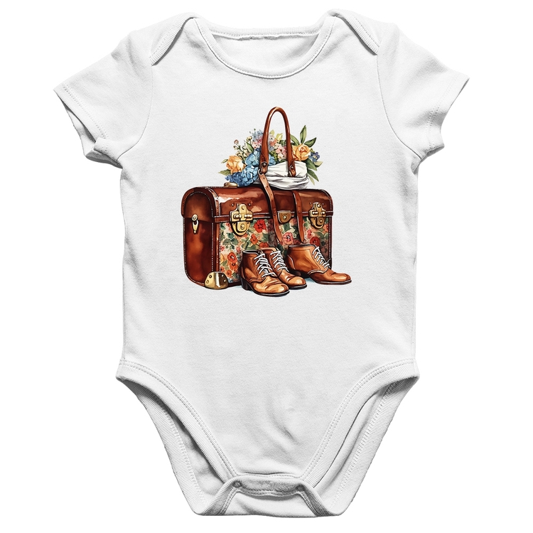 Body Bebê Algodão Mala e Botas Retrô Flores - Branco