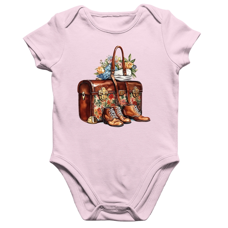 Body Bebê Algodão Mala e Botas Retrô Flores - Rosa Bebê