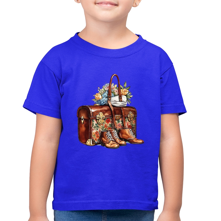 Camiseta Algodão Infantil Mala e Botas Retrô Flores - Azul Royal