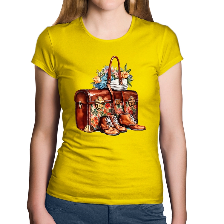 Baby Look Algodão Mala e Botas Retrô Flores - Amarela