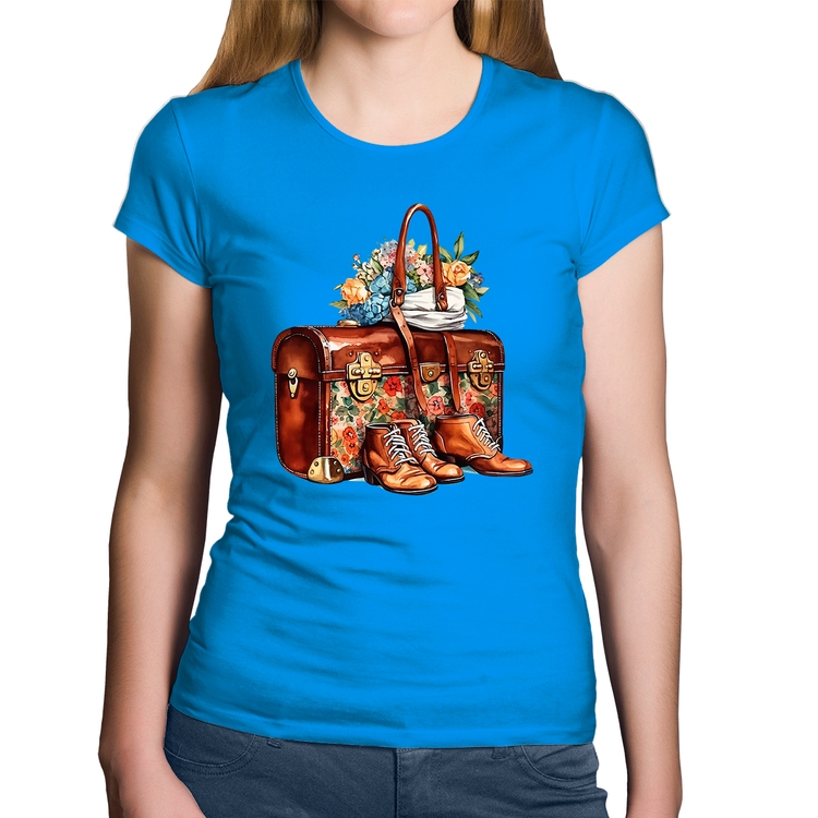 Baby Look Algodão Mala e Botas Retrô Flores - Azul