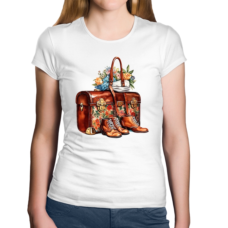 Baby Look Algodão Mala e Botas Retrô Flores - Branca