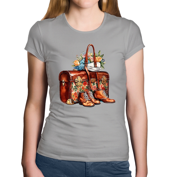 Baby Look Algodão Mala e Botas Retrô Flores - Cinza