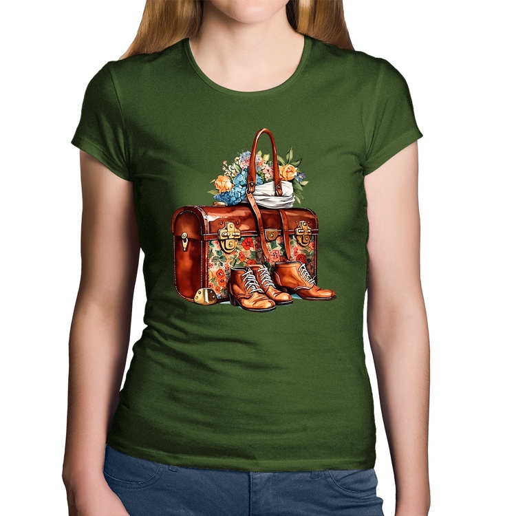 Baby Look Algodão Mala e Botas Retrô Flores - Musgo