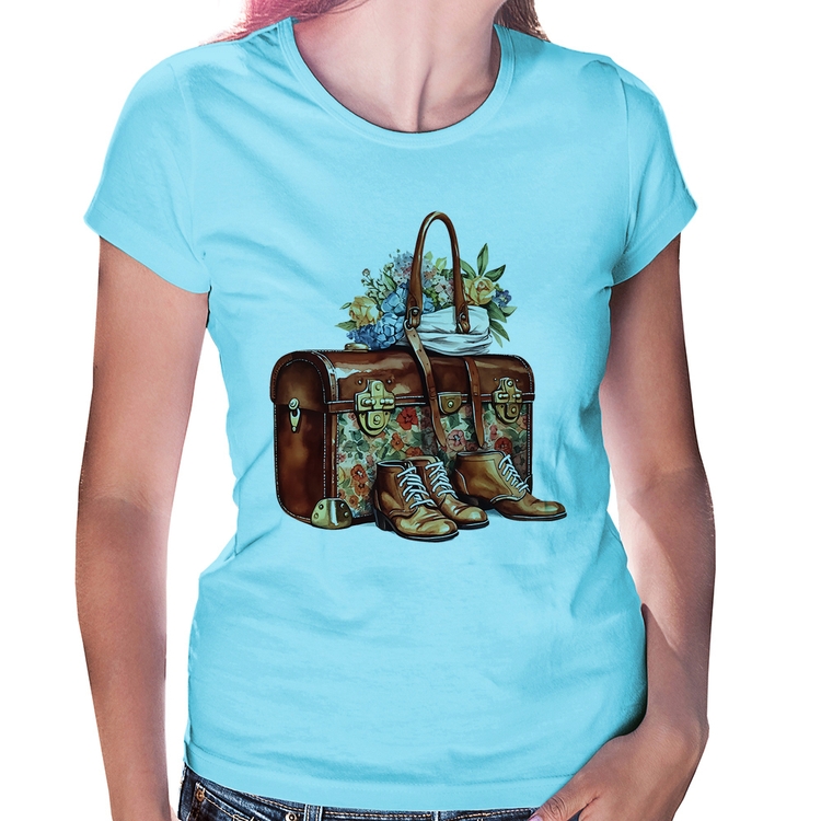 Baby Look Mala e Botas Retrô Flores - Azul Bebê