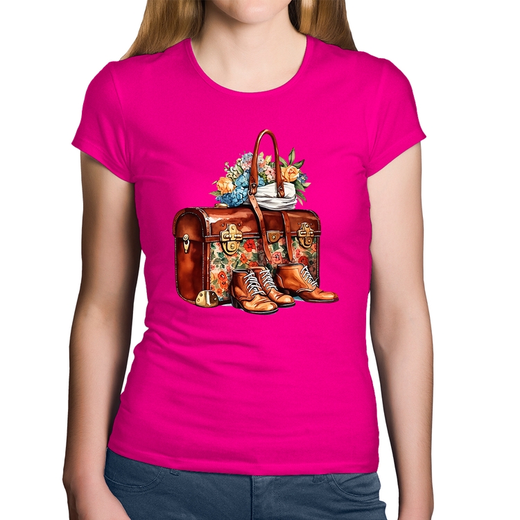 Baby Look Algodão Mala e Botas Retrô Flores - Rosa