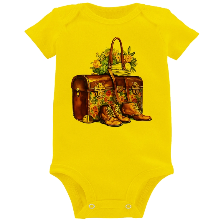 Body Bebê Mala e Botas Retrô Flores - Amarelo