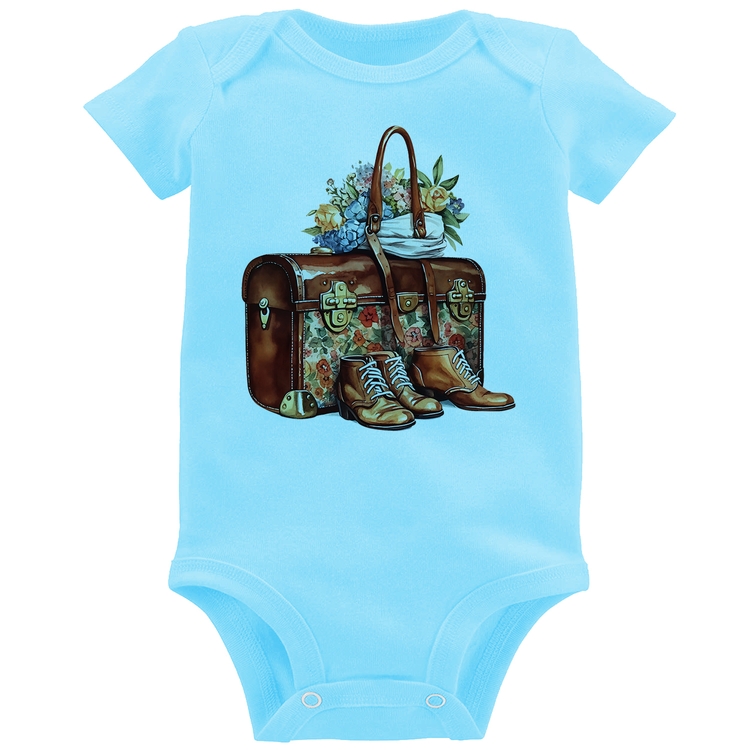 Body Bebê Mala e Botas Retrô Flores - Azul Bebê