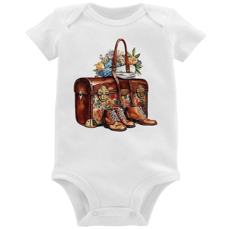 Body Bebê Mala e Botas Retrô Flores