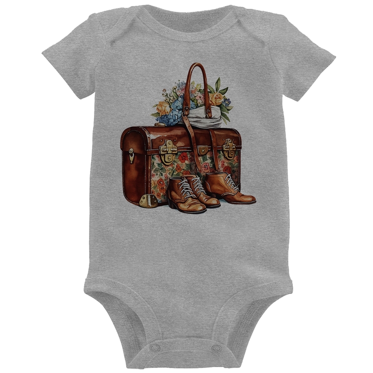 Body Bebê Mala e Botas Retrô Flores - Cinza
