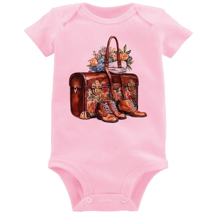 Body Bebê Mala e Botas Retrô Flores - Rosa Bebê