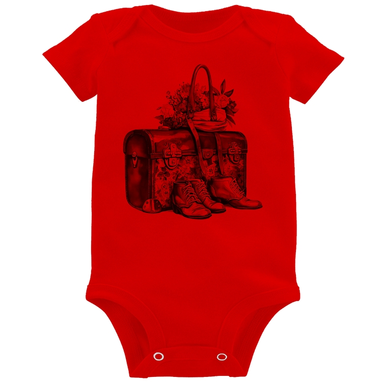 Body Bebê Mala e Botas Retrô Flores - Vermelho