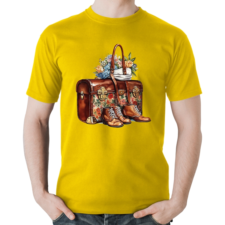Camiseta Algodão Mala e Botas Retrô Flores - Amarela