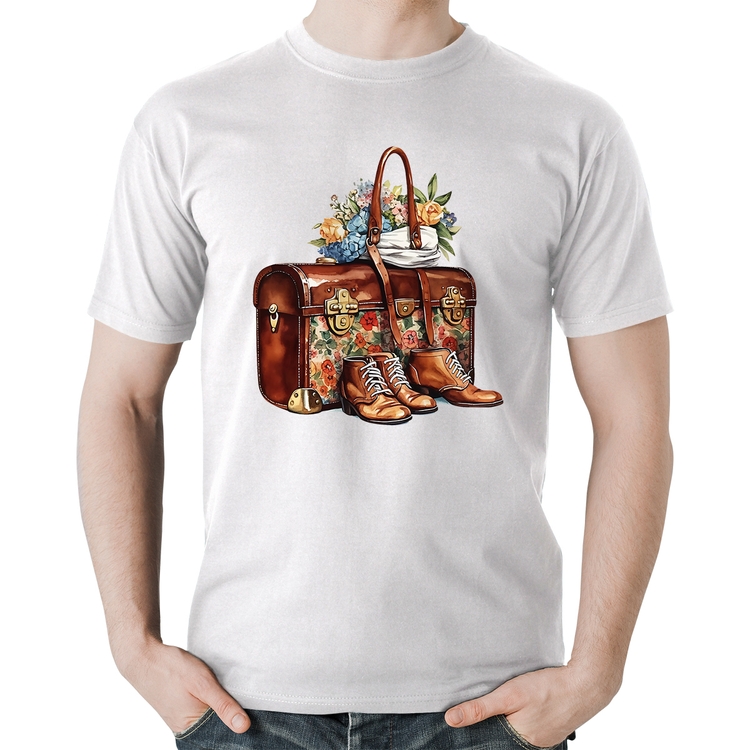 Camiseta Algodão Mala e Botas Retrô Flores - Branca
