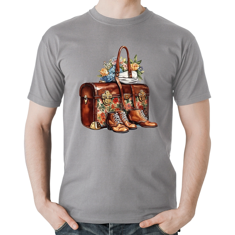 Camiseta Algodão Mala e Botas Retrô Flores - Cinza