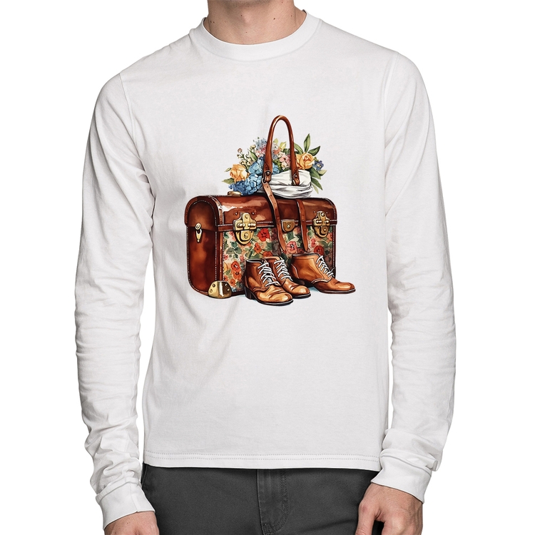 Camiseta Algodão Mala e Botas Retrô Flores Manga Longa - Branca