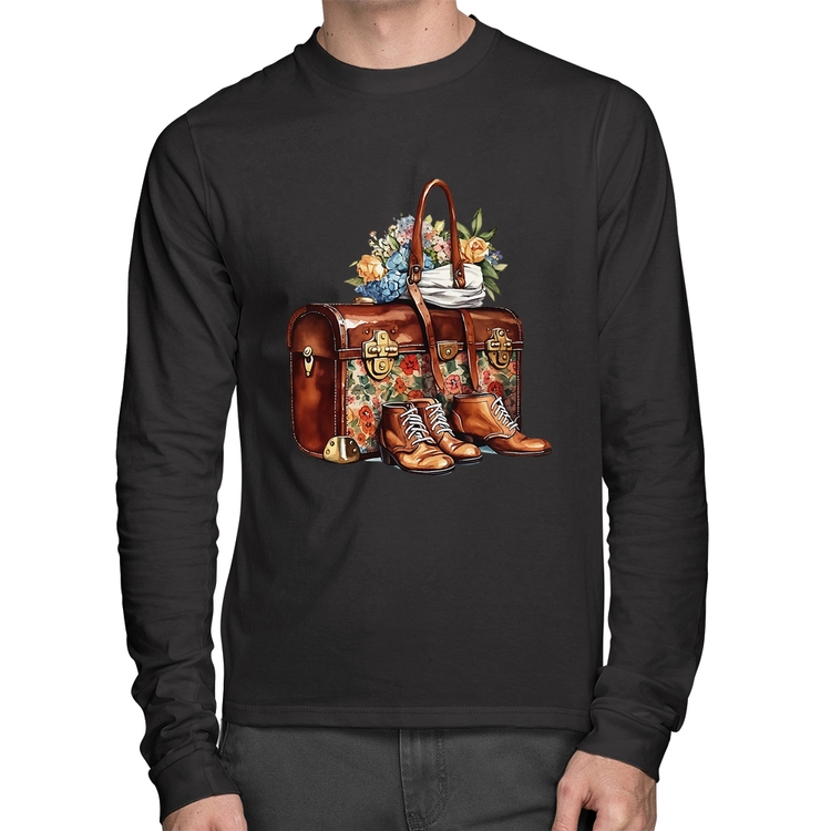 Camiseta Algodão Mala e Botas Retrô Flores Manga Longa
