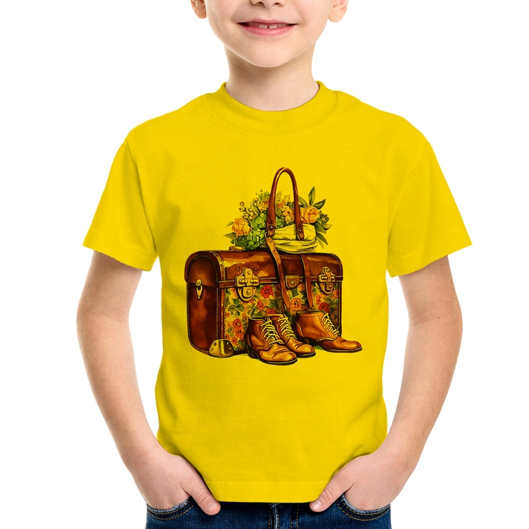 Camiseta Infantil Mala e Botas Retrô Flores - Amarela