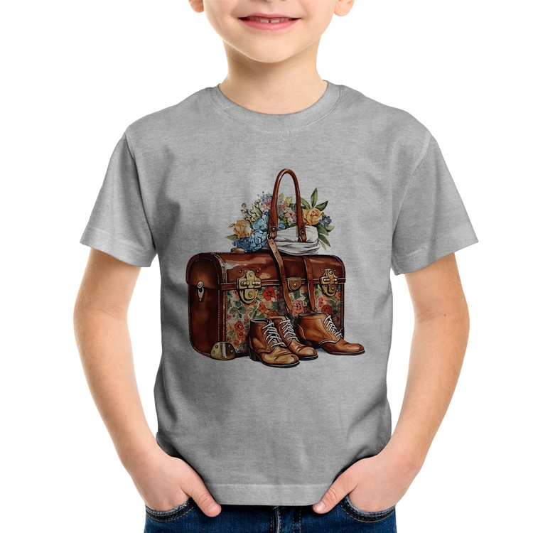 Camiseta Infantil Mala e Botas Retrô Flores - Cinza