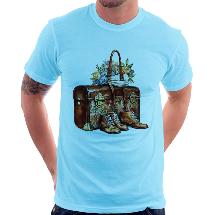 Camiseta Mala e Botas Retrô Flores - Azul Bebê