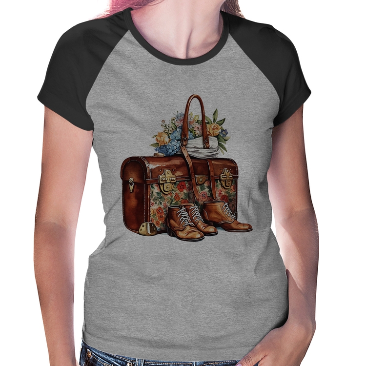 Baby Look Raglan Mala e Botas Retrô Flores - Cinza/Preto