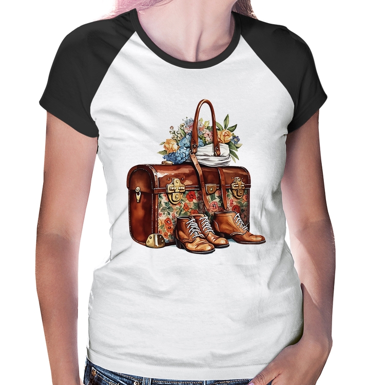 Baby Look Raglan Mala e Botas Retrô Flores
