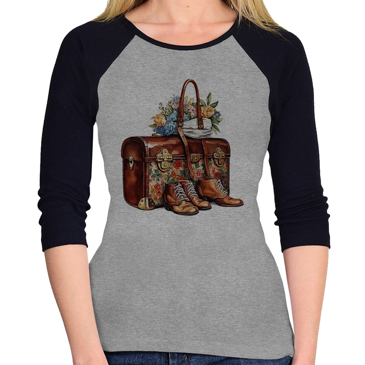 Baby Look Raglan Mala e Botas Retrô Flores Manga 3/4 - Cinza/Preto