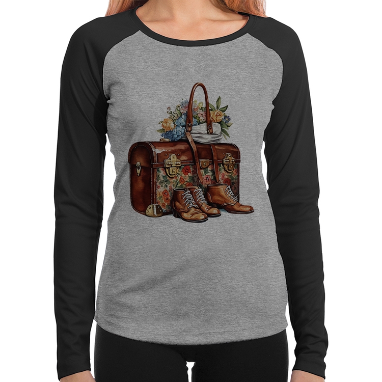 Baby Look Raglan Mala e Botas Retrô Flores Manga Longa - Cinza/Preto