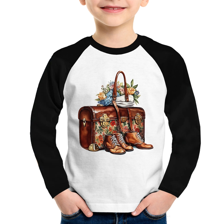 Camiseta Raglan Infantil Mala e Botas Retrô Flores Manga Longa