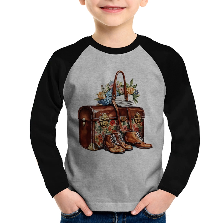 Camiseta Raglan Infantil Mala e Botas Retrô Flores Manga Longa - Cinza/Preto