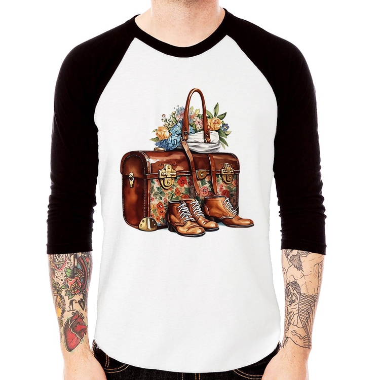 Camiseta Raglan Mala e Botas Retrô Flores Manga 3/4