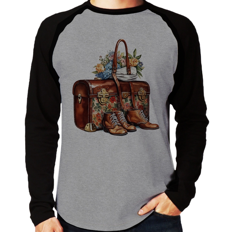 Camiseta Raglan Mala e Botas Retrô Flores Manga Longa - Cinza/Preto
